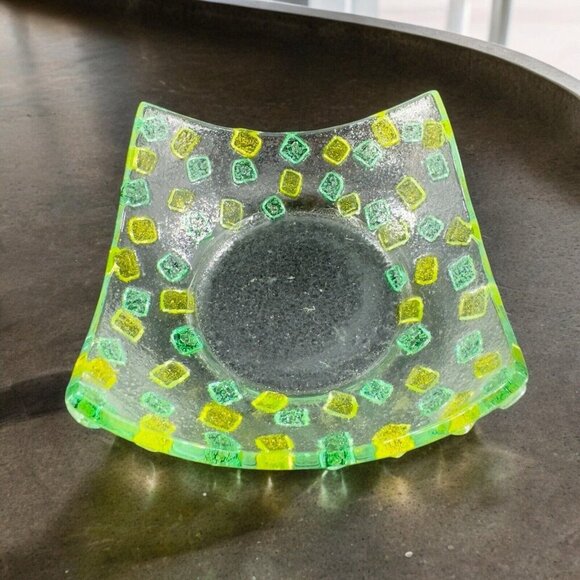 Square Fused Art Glass Dish Plate Whimsical Decor Textured Dish Hand Crafted Vtg - Picture 3 of 15